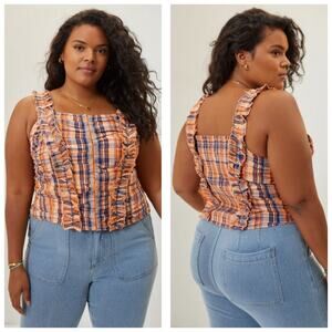 Anthropologie Verb By Pallavi Singhee Ruffled Plaid Top Size XL Smocked Bohemian